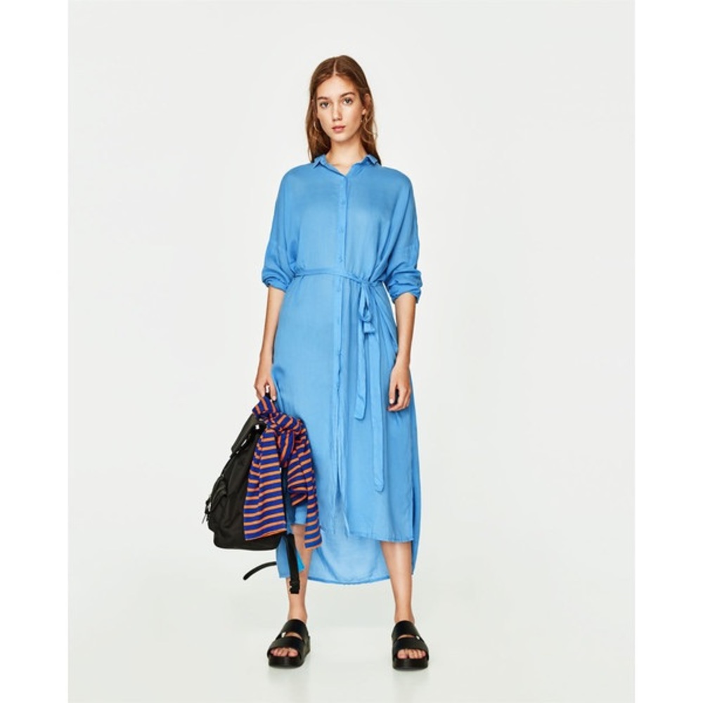 NWT Zara Bright Blue Maxi Shirt Midi  Dress